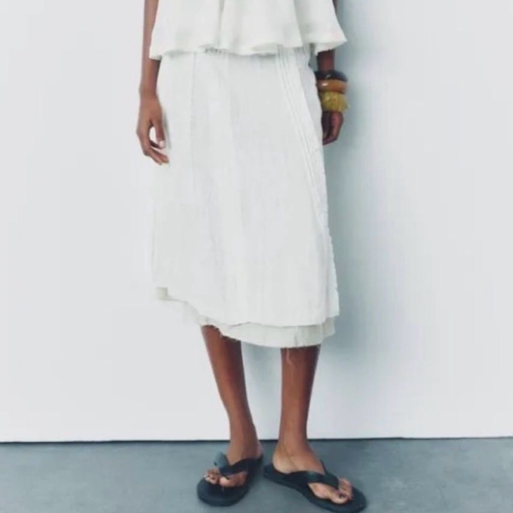 Zara Linen Layered Gauzey Midi Skirt ZW Collection boho chic Cream NWT L - Picture 3 of 8
